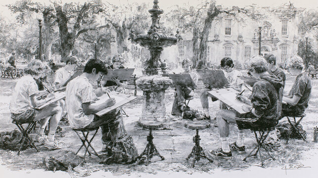 Monochrome sketch of people sketching near a park fountain during an outdoor art class.