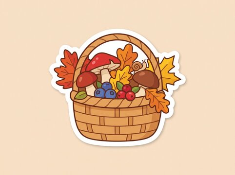 Cute woven picnic basket filled with autumn mushrooms, berries, and foliage sticker vector illustration.