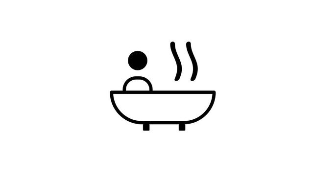 Spa bathtub icon showing a relaxed person soaking calmly in a tub with warm steam rising above, representing relaxation and full wellness treatment