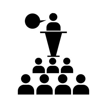 Public speaking icon - speaker at podium with audience presentation