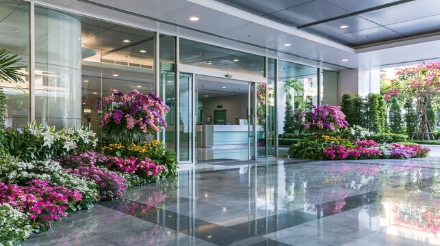 Modern building entrance with vibrant floral displays and reflective polished floors during daytime
