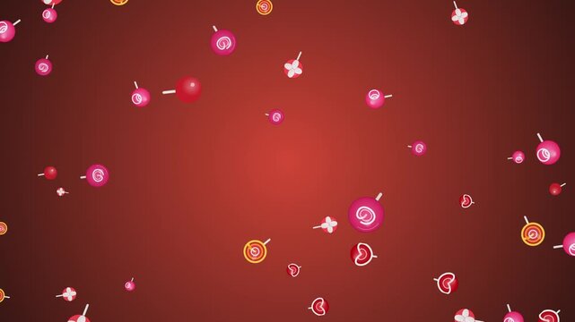 Animated Round Red Lollipops Falling Against A Gradient Background
