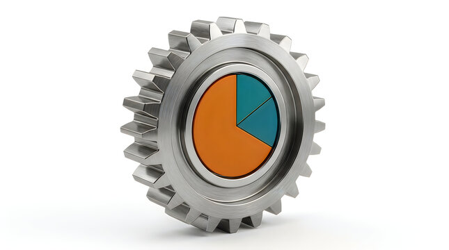 A metallic industrial gear with a pie chart integrated into its center isolated on white background
