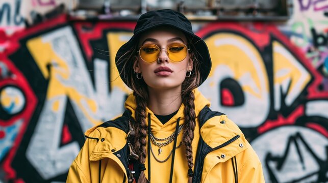 Young woman in bucket hat and sunglasses with braided hair against vibrant graffiti wall during daytime urban exploration
