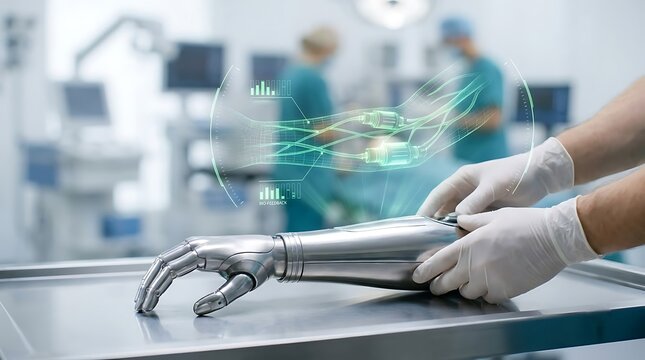 Advanced bionic arm prosthetic with digital biofeedback interface for futuristic medical surgery.