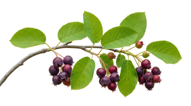 A branch of a serviceberry tree with ripe purple berries and fresh green leaves isolated on white background