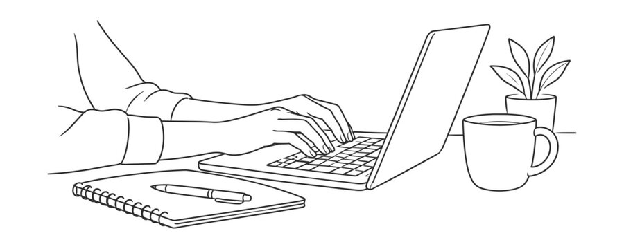 Minimalist Home Office Workspace with Laptop Coffee and Plant Line Art.