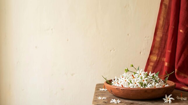A rustic clay bowl filled with fresh fragrant parijat or nightflowering jasmine flowers on a wooden table with a red fabric backdrop