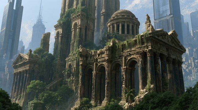 Ancient overgrown ruins in a futuristic city skyline during daylight with lush greenery