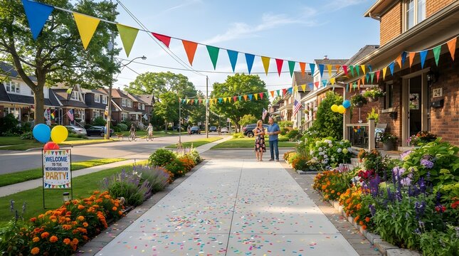 A vibrant neighborhood street party with colorful bunting flags, balloons, and a welcome sign on a sunny day with residents walking and cycling