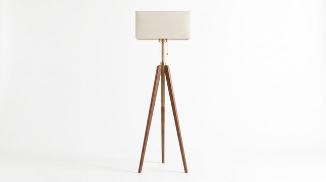 Modern wooden tripod floor lamp with a beige fabric shade