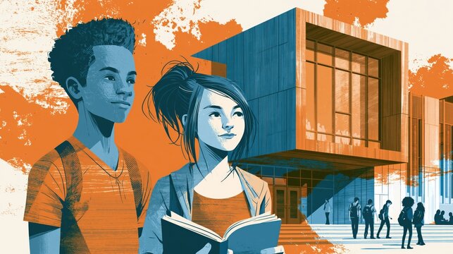 Two diverse teenagers with backpacks stand outside a modern educational building during daytime contemplating future opportunities