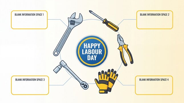 Labour Day infographic banner vector illustration featuring wrench screwdriver pliers socket wrench and work gloves