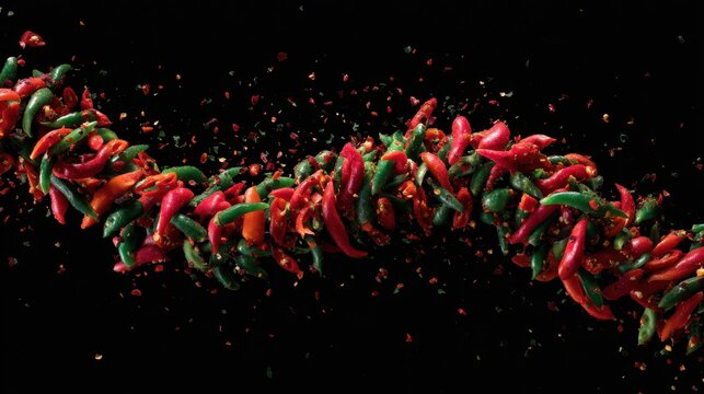 Fiery Red and Green Chili Peppers Swirl in Action on Black Background.