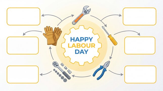 Labour Day concept infographic template. Wrench screwdriver pliers and work gloves. Vector diagram