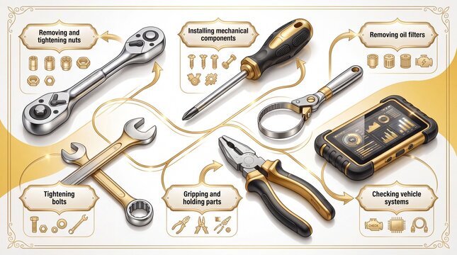 Automotive repair and mechanic tools instruction infographic. Wrench screwdriver pliers and diagnostic scanner
