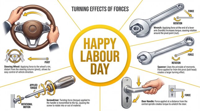 Turning effects of forces physics educational infographic. Steering wheel. Wrench. Spanner. Screwdriver. Door handle. Mechanics learning