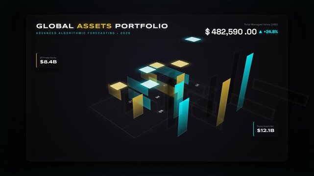 Abstract 3D financial data visualization dashboard displaying futuristic global assets portfolio with digital glowing bar charts and statistics on a dark background