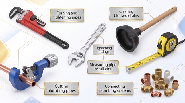 Plumbing tools and equipment infographic. Pipe wrench adjustable spanner pipe cutter plunger tape measure and brass fittings. Educational diagram for maintenance services