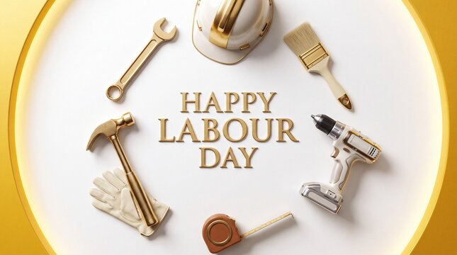 Labour Day greeting concept photo with golden construction tools and text. Flat lay composition