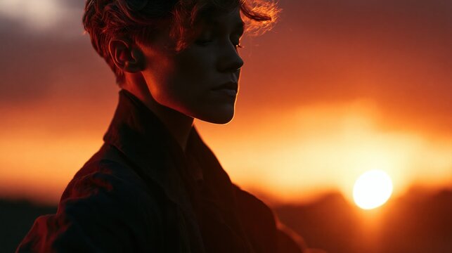 Young adult with short curly hair in profile during a vibrant sunset with warm golden light illuminating their face and a soft bokeh background