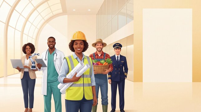 Diverse professions and career paths vector illustration. People in uniform including construction worker doctor farmer and pilot standing together in modern lobby