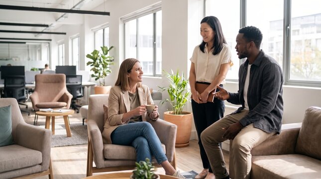 Business colleagues talking in office lounge