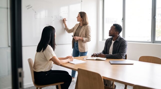 Woman presenting strategy at whiteboard