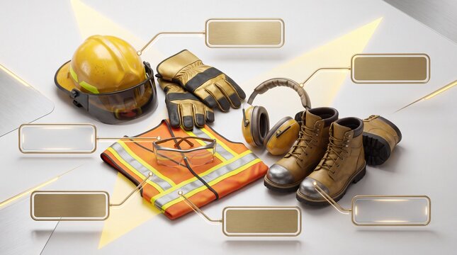 Personal protective equipment concept photo. Hard hat safety vest work boots and earmuffs arranged on a white surface with infographic elements