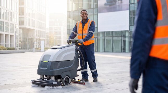 Floor cleaning service and maintenance worker. African American man operating a ride on scrubber machine outdoors. Commercial cleaning crew in urban office plaza