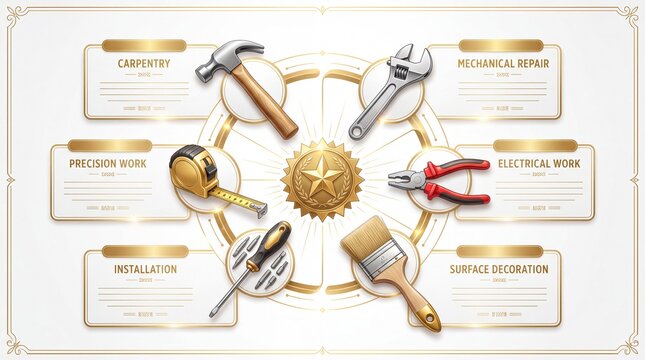 Tools and construction services infographic template. Featuring a hammer wrench tape measure pliers screwdriver and paintbrush. Gold badge center