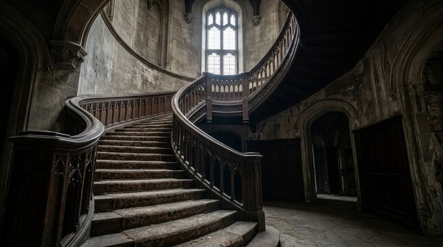 Curving ornate wooden staircase winds through grand historic hall featuring intricate gothic carvings and light streaming from high windows onto worn carpeted steps inside.