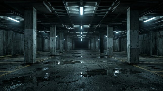 Empty subterranean parking level shows vast concrete columns and reflective wet patches on floor beneath long rows of overhead artificial lighting in desolate dark space.