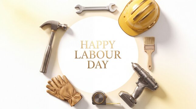 Labour Day greeting card with construction tools. Featuring hammer wrench hard hat brush drill and work gloves arranged in a circle. Flat lay photo