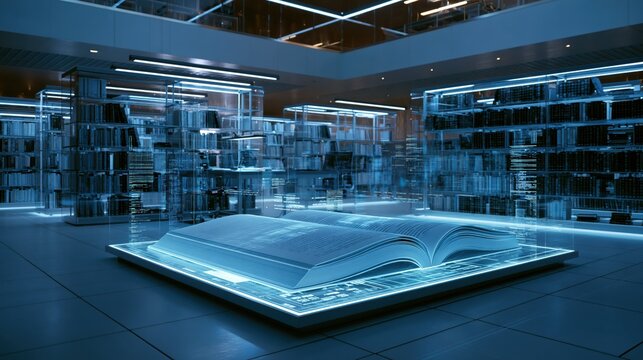 Open digital book glowing with blue light in a futuristic library setting concept of knowledge and technology