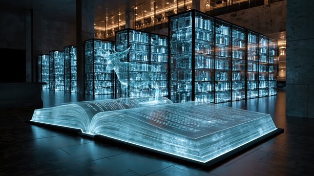 Holographic open book with glowing data streams in a futuristic server room with blue digital light