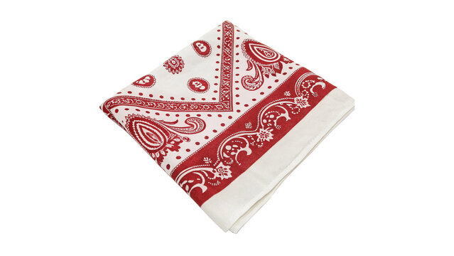 Folded red bandana handkerchief paisley pattern isolated on transparent background