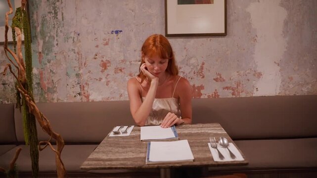 Elegant redhead woman reading a restaurant menu alone