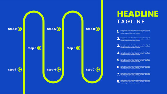 Modern 8-Step Infographic Template with Wavy Path, Timeline and Headline for Process Visualization.