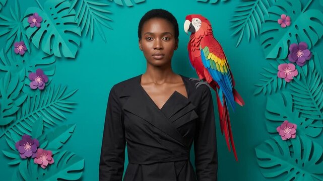 Woman in black dress with colorful parrot and tropical leaves backdrop