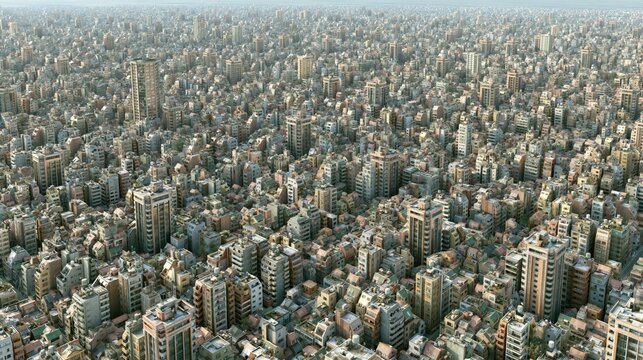 Vast urban sprawl with dense city buildings under a hazy sky symbolizing overpopulation and development
