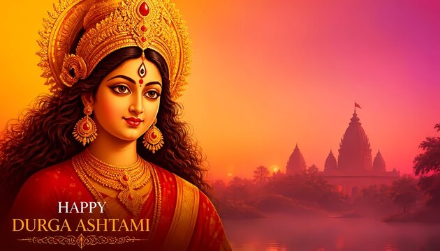 Happy Durga Ashtami Festive Banner with Goddess Durga Portrait and Temple Background.