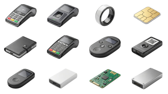 Modern fintech hardware collection, 12 payment devices and electronic components, secure banking technology set on white background