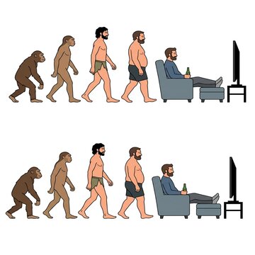 Human evolution stages progressing from primate to modern man sitting and watching television