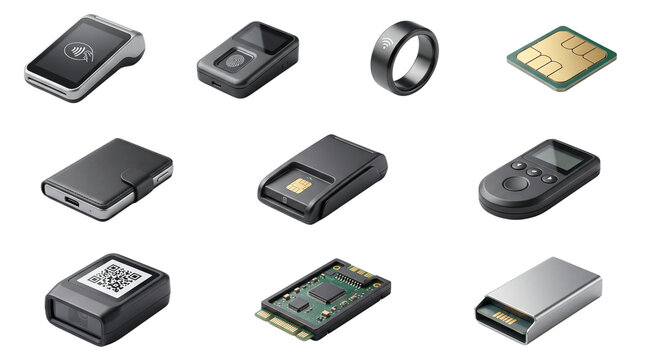 Biometric security hardware collection, digital authentication devices and smart ring, secure payment technology set on white background