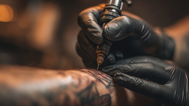 Tattoo artist in action creating body art.