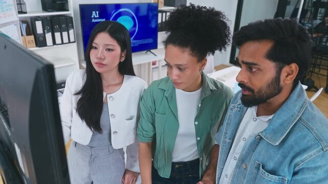 Business team discussing strategy during a meeting with AI assistant technology.