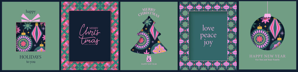 Obraz premium Merry Christmas greeting card template in retro vintage style. Christmas tree, baubles, stars lettering vector winter holiday background. New Year, holiday greetings. Colorful geometric plaid pattern,
