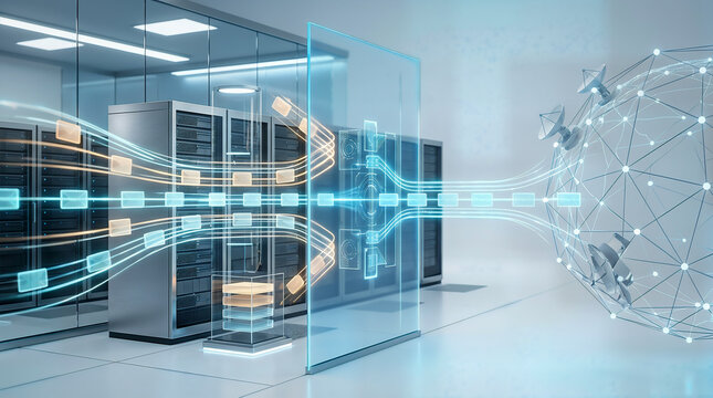Modern server data center rack with holographic information flow visualization