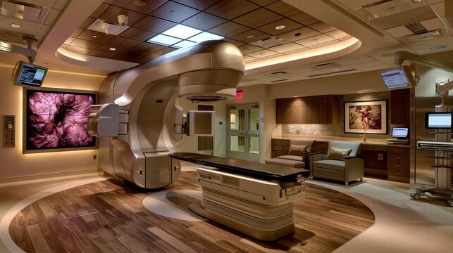 Modern linear accelerator machine in a hospital oncology treatment room with warm ambient lighting and advanced medical technology